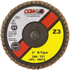 Camel Grinding Wheels - 80 Grit, 3" Disc Diam, Type 27 Zirconia Alumina Flap Disc - 24,000 Max RPM, Poly Cotton Backing, Quick Change Type R Attaching System, Coated - Apex Tool & Supply