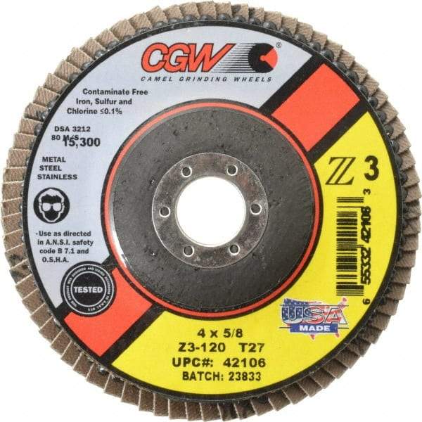 Camel Grinding Wheels - 120 Grit, 4" Disc Diam, 5/8" Center Hole, Type 27 Zirconia Alumina Flap Disc - 15,300 Max RPM, Poly Cotton Backing, Arbor Attaching System, Coated - Apex Tool & Supply