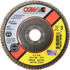 Camel Grinding Wheels - 120 Grit, 4" Disc Diam, 5/8" Center Hole, Type 27 Zirconia Alumina Flap Disc - 15,300 Max RPM, Poly Cotton Backing, Arbor Attaching System, Coated - Apex Tool & Supply