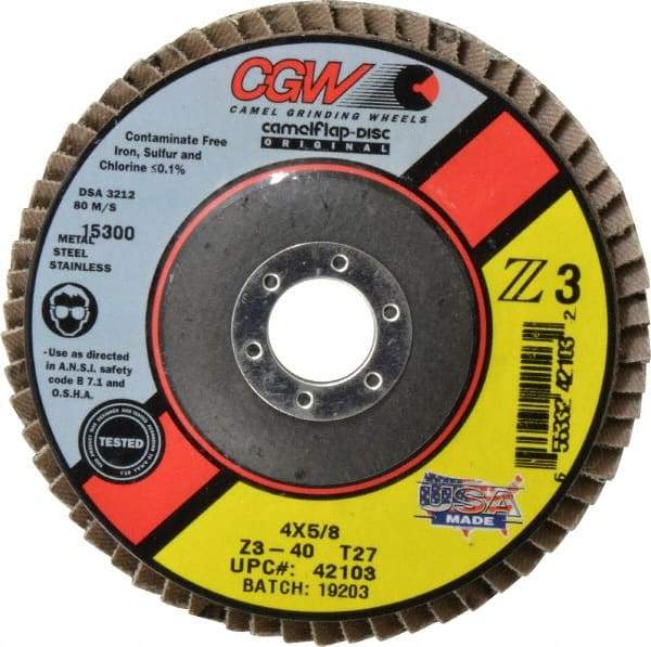 Camel Grinding Wheels - 40 Grit, 4" Disc Diam, 5/8" Center Hole, Type 27 Zirconia Alumina Flap Disc - 15,300 Max RPM, Poly Cotton Backing, Arbor Attaching System, Coated - Apex Tool & Supply