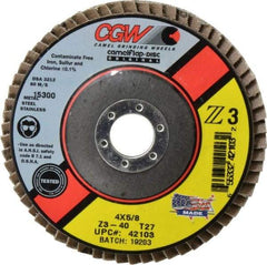 Camel Grinding Wheels - 40 Grit, 4" Disc Diam, 5/8" Center Hole, Type 27 Zirconia Alumina Flap Disc - 15,300 Max RPM, Poly Cotton Backing, Arbor Attaching System, Coated - Apex Tool & Supply