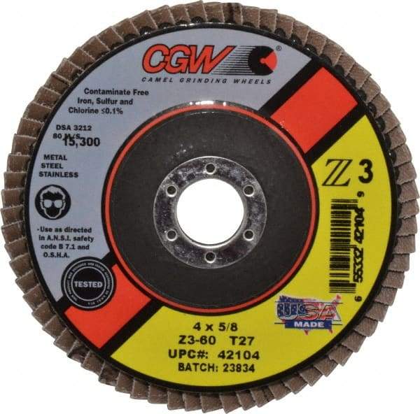 Camel Grinding Wheels - 60 Grit, 4" Disc Diam, 5/8" Center Hole, Type 27 Zirconia Alumina Flap Disc - 15,300 Max RPM, Poly Cotton Backing, Arbor Attaching System, Coated - Apex Tool & Supply
