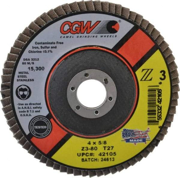 Camel Grinding Wheels - 80 Grit, 4" Disc Diam, 5/8" Center Hole, Type 27 Zirconia Alumina Flap Disc - 15,300 Max RPM, Poly Cotton Backing, Arbor Attaching System, Coated - Apex Tool & Supply