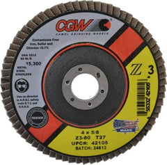 Camel Grinding Wheels - 80 Grit, 4" Disc Diam, 5/8" Center Hole, Type 27 Zirconia Alumina Flap Disc - 15,300 Max RPM, Poly Cotton Backing, Arbor Attaching System, Coated - Apex Tool & Supply