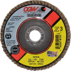 Camel Grinding Wheels - 40 Grit, 4" Disc Diam, 5/8" Center Hole, Type 29 Zirconia Alumina Flap Disc - 15,300 Max RPM, Poly Cotton Backing, Arbor Attaching System, Coated - Apex Tool & Supply