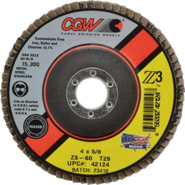 Camel Grinding Wheels - 60 Grit, 4" Disc Diam, 5/8" Center Hole, Type 29 Zirconia Alumina Flap Disc - 15,300 Max RPM, Poly Cotton Backing, Arbor Attaching System, Coated - Apex Tool & Supply