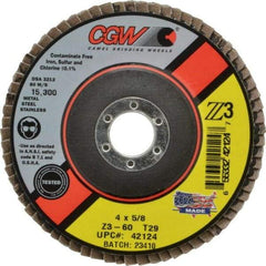 Camel Grinding Wheels - 60 Grit, 4" Disc Diam, 5/8" Center Hole, Type 29 Zirconia Alumina Flap Disc - 15,300 Max RPM, Poly Cotton Backing, Arbor Attaching System, Coated - Apex Tool & Supply