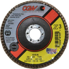 Camel Grinding Wheels - 80 Grit, 4" Disc Diam, 5/8" Center Hole, Type 29 Zirconia Alumina Flap Disc - 15,300 Max RPM, Poly Cotton Backing, Arbor Attaching System, Coated - Apex Tool & Supply