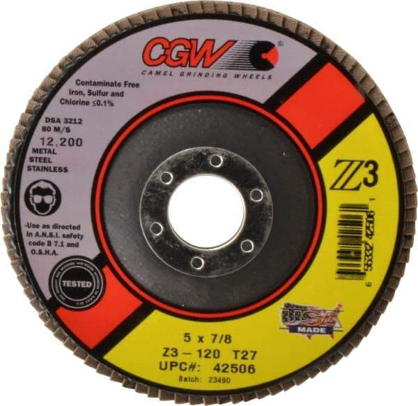 Camel Grinding Wheels - 120 Grit, 5" Disc Diam, 7/8" Center Hole, Type 27 Zirconia Alumina Flap Disc - 12,200 Max RPM, Poly Cotton Backing, Arbor Attaching System, Coated - Apex Tool & Supply