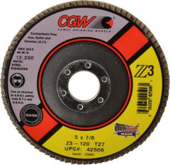 Camel Grinding Wheels - 120 Grit, 5" Disc Diam, 7/8" Center Hole, Type 27 Zirconia Alumina Flap Disc - 12,200 Max RPM, Poly Cotton Backing, Arbor Attaching System, Coated - Apex Tool & Supply