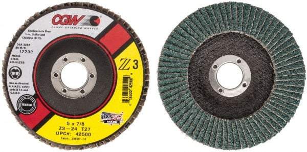 Camel Grinding Wheels - 24 Grit, 5" Disc Diam, 7/8" Center Hole, Type 27 Zirconia Alumina Flap Disc - 12,200 Max RPM, Poly Cotton Backing, Arbor Attaching System, Coated - Apex Tool & Supply
