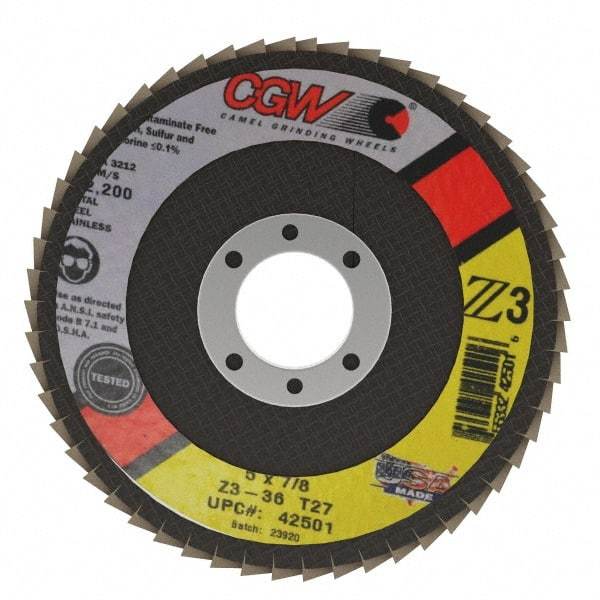 Camel Grinding Wheels - 36 Grit, 5" Disc Diam, 7/8" Center Hole, Type 27 Zirconia Alumina Flap Disc - 12,200 Max RPM, Poly Cotton Backing, Arbor Attaching System, Coated - Apex Tool & Supply