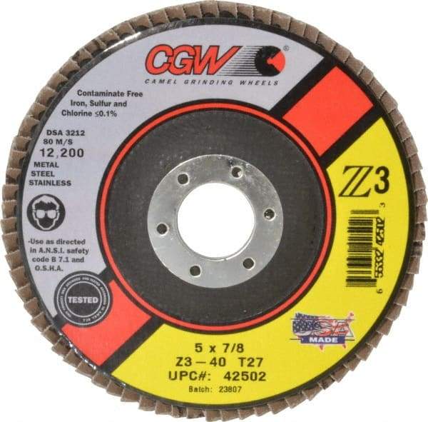 Camel Grinding Wheels - 40 Grit, 5" Disc Diam, 7/8" Center Hole, Type 27 Zirconia Alumina Flap Disc - 12,200 Max RPM, Poly Cotton Backing, Arbor Attaching System, Coated - Apex Tool & Supply