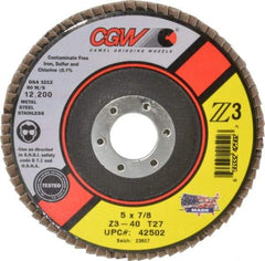 Camel Grinding Wheels - 40 Grit, 5" Disc Diam, 7/8" Center Hole, Type 27 Zirconia Alumina Flap Disc - 12,200 Max RPM, Poly Cotton Backing, Arbor Attaching System, Coated - Apex Tool & Supply