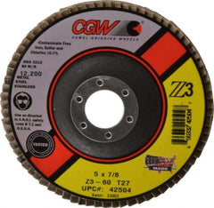 Camel Grinding Wheels - 60 Grit, 5" Disc Diam, 7/8" Center Hole, Type 27 Zirconia Alumina Flap Disc - 12,200 Max RPM, Poly Cotton Backing, Arbor Attaching System, Coated - Apex Tool & Supply