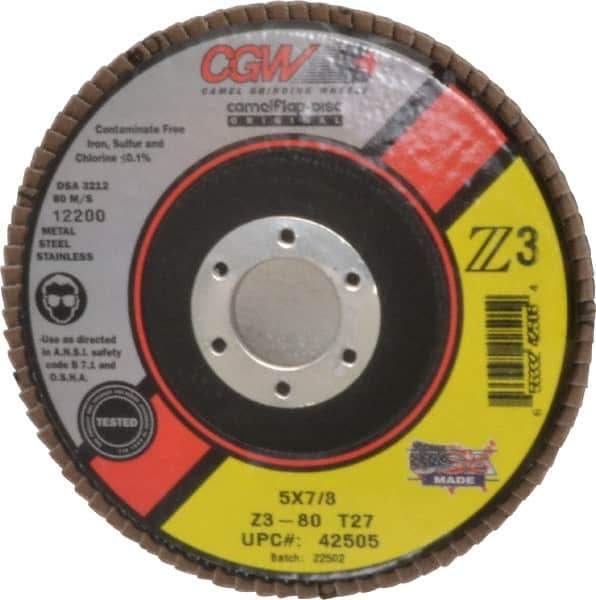 Camel Grinding Wheels - 80 Grit, 5" Disc Diam, 7/8" Center Hole, Type 27 Zirconia Alumina Flap Disc - 12,200 Max RPM, Poly Cotton Backing, Arbor Attaching System, Coated - Apex Tool & Supply