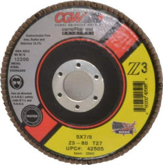 Camel Grinding Wheels - 80 Grit, 5" Disc Diam, 7/8" Center Hole, Type 27 Zirconia Alumina Flap Disc - 12,200 Max RPM, Poly Cotton Backing, Arbor Attaching System, Coated - Apex Tool & Supply