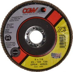 Camel Grinding Wheels - 120 Grit, 5" Disc Diam, 7/8" Center Hole, Type 29 Zirconia Alumina Flap Disc - 12,200 Max RPM, Poly Cotton Backing, Arbor Attaching System, Coated - Apex Tool & Supply