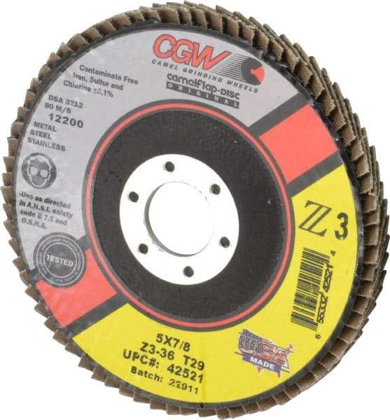Camel Grinding Wheels - 36 Grit, 5" Disc Diam, 7/8" Center Hole, Type 29 Zirconia Alumina Flap Disc - 12,200 Max RPM, Poly Cotton Backing, Arbor Attaching System, Coated - Apex Tool & Supply
