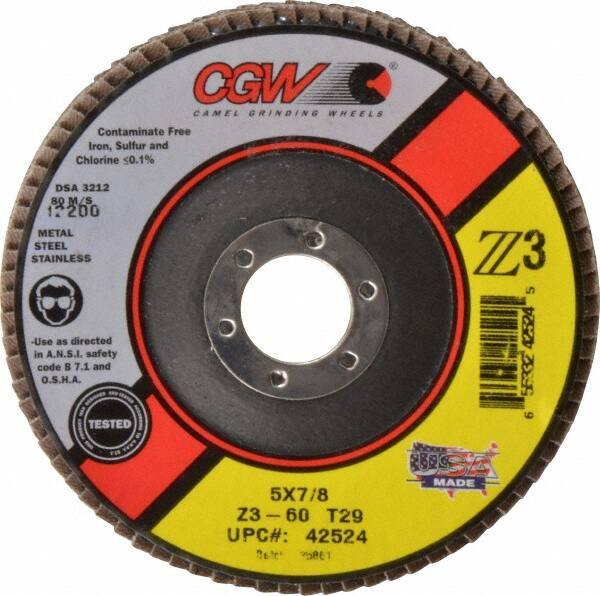Camel Grinding Wheels - 60 Grit, 5" Disc Diam, 7/8" Center Hole, Type 29 Zirconia Alumina Flap Disc - 12,200 Max RPM, Poly Cotton Backing, Arbor Attaching System, Coated - Apex Tool & Supply