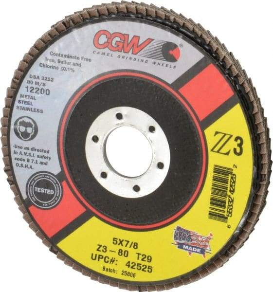 Camel Grinding Wheels - 80 Grit, 5" Disc Diam, 7/8" Center Hole, Type 29 Zirconia Alumina Flap Disc - 12,200 Max RPM, Poly Cotton Backing, Arbor Attaching System, Coated - Apex Tool & Supply