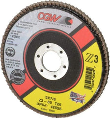 Camel Grinding Wheels - 80 Grit, 5" Disc Diam, 7/8" Center Hole, Type 29 Zirconia Alumina Flap Disc - 12,200 Max RPM, Poly Cotton Backing, Arbor Attaching System, Coated - Apex Tool & Supply