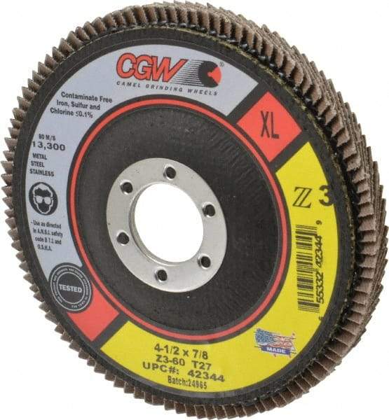 Camel Grinding Wheels - 60 Grit, 4-1/2" Disc Diam, 7/8" Center Hole, Type 27 Zirconia Alumina Flap Disc - 13,300 Max RPM, Poly Cotton Backing, Arbor Attaching System, Coated - Apex Tool & Supply