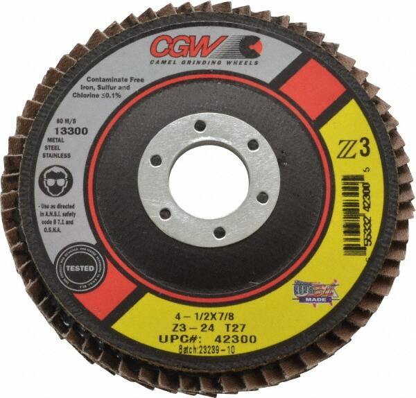 Camel Grinding Wheels - 24 Grit, 4-1/2" Disc Diam, 7/8" Center Hole, Type 27 Zirconia Alumina Flap Disc - 13,300 Max RPM, Poly Cotton Backing, Arbor Attaching System, Coated - Apex Tool & Supply