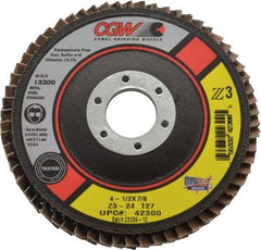 Camel Grinding Wheels - 24 Grit, 4-1/2" Disc Diam, 7/8" Center Hole, Type 27 Zirconia Alumina Flap Disc - 13,300 Max RPM, Poly Cotton Backing, Arbor Attaching System, Coated - Apex Tool & Supply