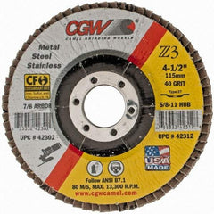 Camel Grinding Wheels - 40 Grit, 4-1/2" Disc Diam, 7/8" Center Hole, Type 27 Zirconia Alumina Flap Disc - 13,300 Max RPM, Poly Cotton Backing, Arbor Attaching System, Coated - Apex Tool & Supply