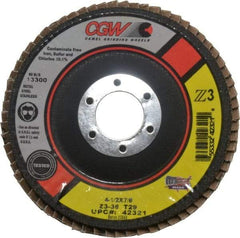 Camel Grinding Wheels - 36 Grit, 4-1/2" Disc Diam, 7/8" Center Hole, Type 29 Zirconia Alumina Flap Disc - 13,300 Max RPM, Poly Cotton Backing, Arbor Attaching System, Coated - Apex Tool & Supply