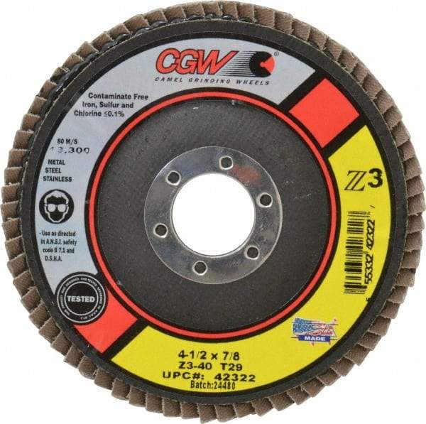 Camel Grinding Wheels - 40 Grit, 4-1/2" Disc Diam, 7/8" Center Hole, Type 29 Zirconia Alumina Flap Disc - 13,300 Max RPM, Poly Cotton Backing, Arbor Attaching System, Coated - Apex Tool & Supply