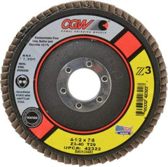 Camel Grinding Wheels - 40 Grit, 4-1/2" Disc Diam, 7/8" Center Hole, Type 29 Zirconia Alumina Flap Disc - 13,300 Max RPM, Poly Cotton Backing, Arbor Attaching System, Coated - Apex Tool & Supply