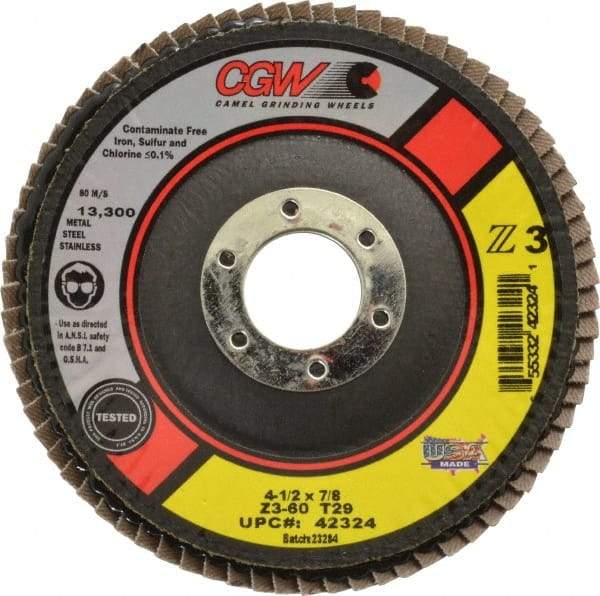Camel Grinding Wheels - 60 Grit, 4-1/2" Disc Diam, 7/8" Center Hole, Type 29 Zirconia Alumina Flap Disc - 13,300 Max RPM, Poly Cotton Backing, Arbor Attaching System, Coated - Apex Tool & Supply