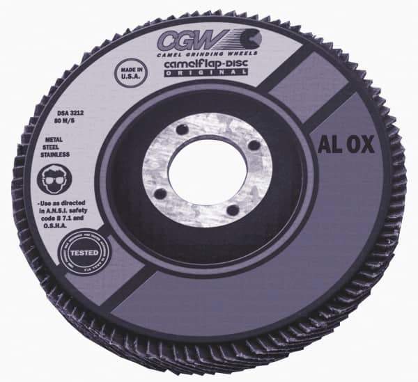Camel Grinding Wheels - 40 Grit, 4" Disc Diam, 7/8" Center Hole, Type 27 Aluminum Oxide Flap Disc - 15,300 Max RPM, Polyester Backing, Arbor Attaching System, Coated - Apex Tool & Supply