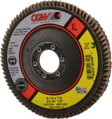 Camel Grinding Wheels - 40 Grit, 4-1/2" Disc Diam, 7/8" Center Hole, Type 27 Zirconia Alumina Flap Disc - 13,300 Max RPM, Poly Cotton Backing, Arbor Attaching System, Coated - Apex Tool & Supply
