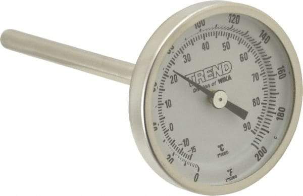 Wika - 4 Inch Long Stem, 2 Inch Dial Diameter, Stainless Steel, Back Connected Bi-Metal Thermometer - -15 to 90°C, 1% Accuracy - Apex Tool & Supply