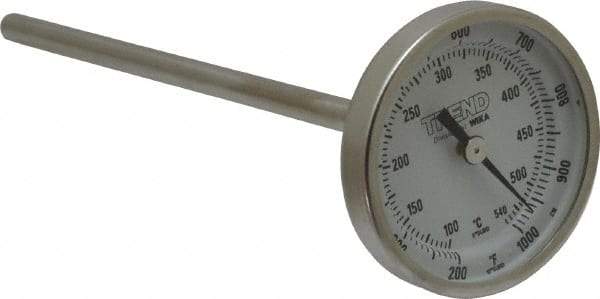 Wika - 6 Inch Long Stem, 2 Inch Dial Diameter, Stainless Steel, Back Connected Bi-Metal Thermometer - 100 to 540°C, 1% Accuracy - Apex Tool & Supply