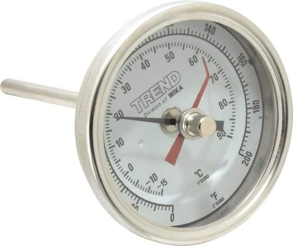 Wika - 4 Inch Long Stem, 3 Inch Dial Diameter, Stainless Steel, Back Connected Bi-Metal Thermometer - -15 to 90°C, 1% Accuracy - Apex Tool & Supply
