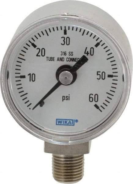 Wika - 1-1/2" Dial, 1/8 Thread, 0-60 Scale Range, Pressure Gauge - Lower Connection Mount, Accurate to 2.5% of Scale - Apex Tool & Supply