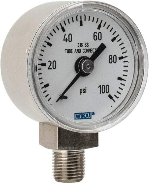 Wika - 1-1/2" Dial, 1/8 Thread, 0-100 Scale Range, Pressure Gauge - Lower Connection Mount, Accurate to 2.5% of Scale - Apex Tool & Supply