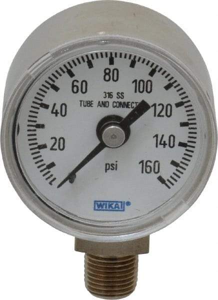 Wika - 1-1/2" Dial, 1/8 Thread, 0-160 Scale Range, Pressure Gauge - Lower Connection Mount, Accurate to 2.5% of Scale - Apex Tool & Supply