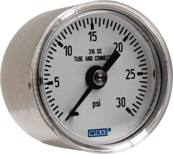 Wika - 1-1/2" Dial, 1/8 Thread, 0-30 Scale Range, Pressure Gauge - Center Back Connection Mount, Accurate to 2.5% of Scale - Apex Tool & Supply