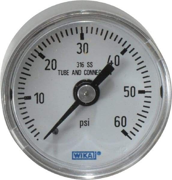 Wika - 1-1/2" Dial, 1/8 Thread, 0-60 Scale Range, Pressure Gauge - Center Back Connection Mount, Accurate to 2.5% of Scale - Apex Tool & Supply