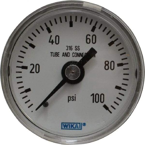 Wika - 1-1/2" Dial, 1/8 Thread, 0-100 Scale Range, Pressure Gauge - Center Back Connection Mount, Accurate to 2.5% of Scale - Apex Tool & Supply