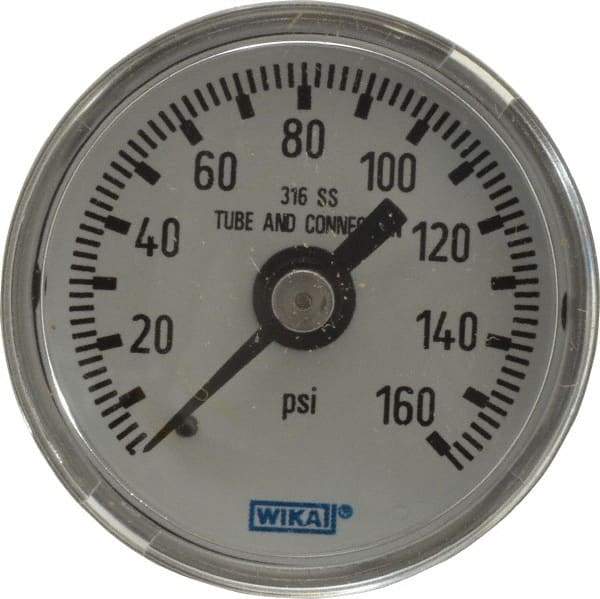 Wika - 1-1/2" Dial, 1/8 Thread, 0-160 Scale Range, Pressure Gauge - Center Back Connection Mount, Accurate to 2.5% of Scale - Apex Tool & Supply