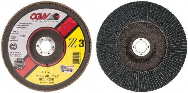 Camel Grinding Wheels - 40 Grit, 7" Disc Diam, 7/8" Center Hole, Type 27 Zirconia Alumina Flap Disc - 8,600 Max RPM, Poly Cotton Backing, Arbor Attaching System, Coated - Apex Tool & Supply