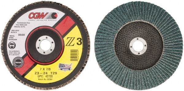 Camel Grinding Wheels - 24 Grit, 7" Disc Diam, 7/8" Center Hole, Type 29 Zirconia Alumina Flap Disc - 8,600 Max RPM, Poly Cotton Backing, Arbor Attaching System, Coated - Apex Tool & Supply