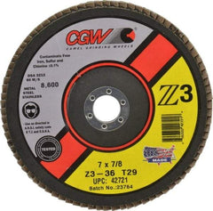 Camel Grinding Wheels - 36 Grit, 7" Disc Diam, 7/8" Center Hole, Type 29 Zirconia Alumina Flap Disc - 8,600 Max RPM, Poly Cotton Backing, Arbor Attaching System, Coated - Apex Tool & Supply