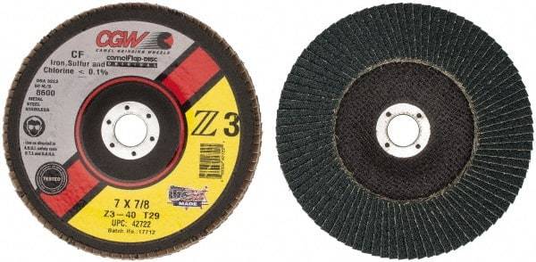 Camel Grinding Wheels - 40 Grit, 7" Disc Diam, 7/8" Center Hole, Type 29 Zirconia Alumina Flap Disc - 8,600 Max RPM, Poly Cotton Backing, Arbor Attaching System, Coated - Apex Tool & Supply